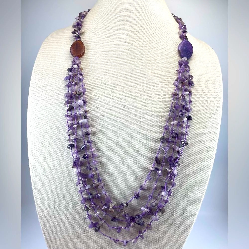 Stunning Unsigned Artisan Amethyst Chip Agate Beaded Multi Strand Necklace